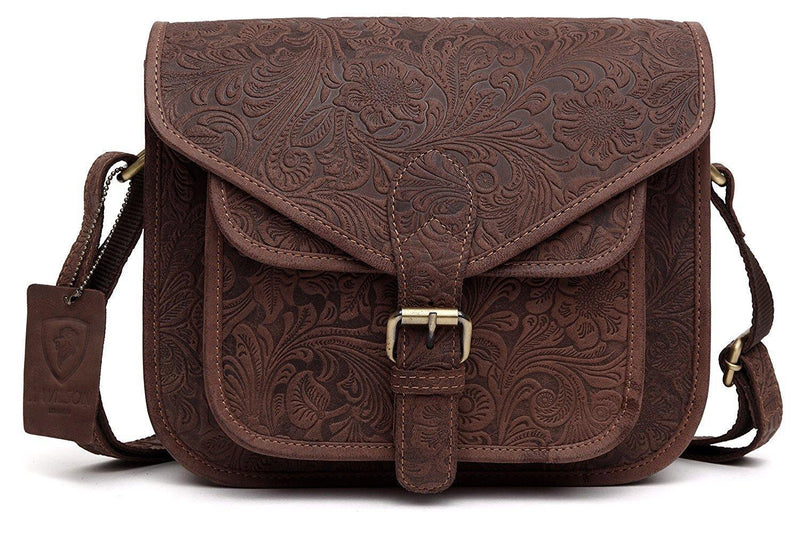 Ladies Leather Satchel Flower Bag WHLB08-Ladies Bag-J Wilson London-Dark Brown-J Wilson London