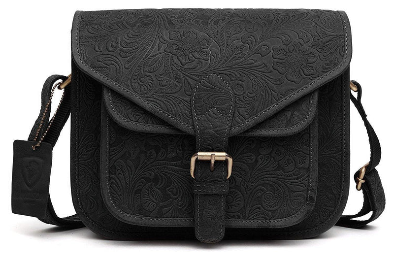 Ladies Leather Satchel Flower Bag WHLB08-Ladies Bag-J Wilson London-Black-J Wilson London